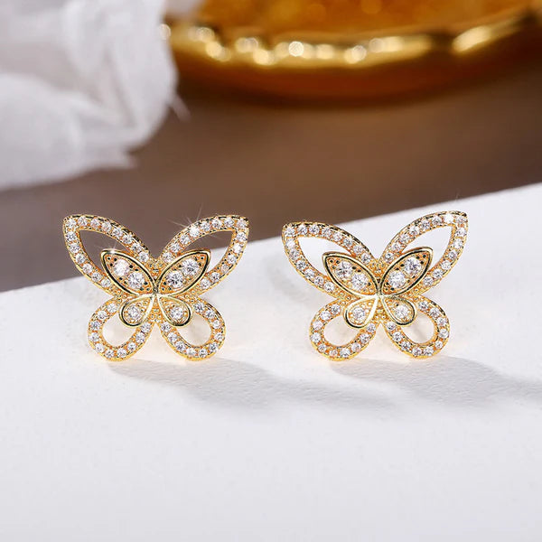 Gold Plated American Diamond Studded Dual Butterfly Shaped Korean Stud Earrings