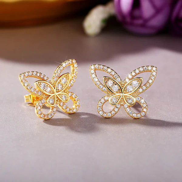Gold Plated American Diamond Studded Dual Butterfly Shaped Korean Stud Earrings