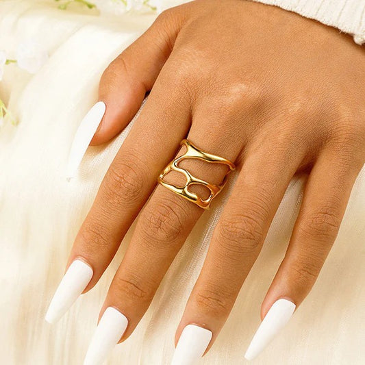 Golden Fluid Wave Adjustable Ring