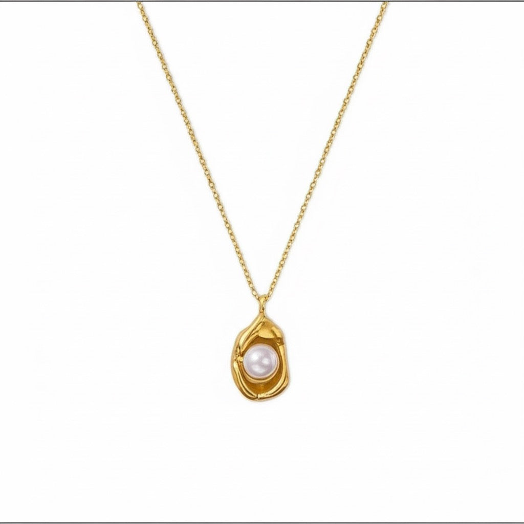 18K "Luna Nest" Gold Plated Stainless Steel Anti Tarnish Pearl Studded Contemporary Pendant Necklace