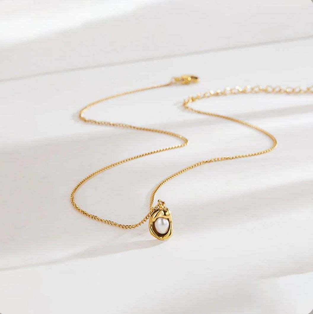 18K "Luna Nest" Gold Plated Stainless Steel Anti Tarnish Pearl Studded Contemporary Pendant Necklace