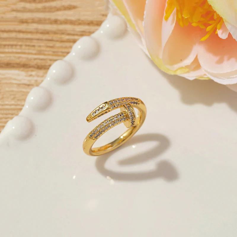 18K Gold Plated Anti Tarnish Stainless Steel Nail Shaped AD Studded Adjustable Finger Ring