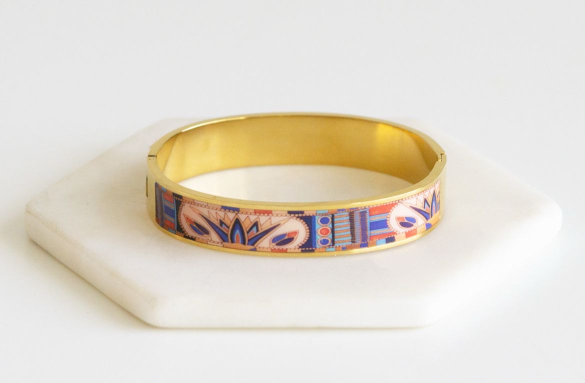 18K Gold-Plated Enamel Patterned Bangle Anti-Tarnish Finish