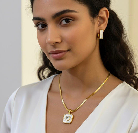 (COMBO) Mother-of-Pearl Necklace + Geometric Earrings Set