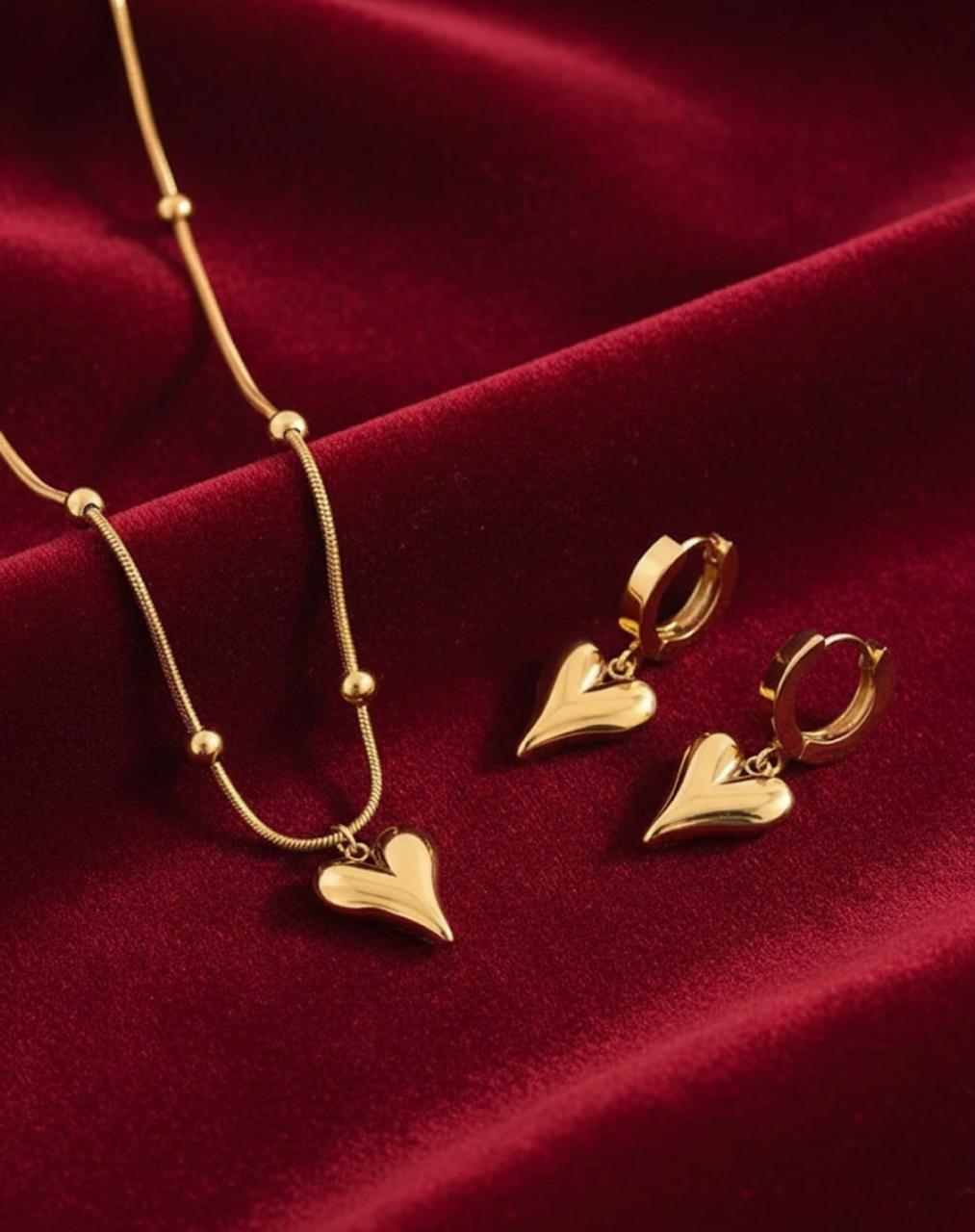 (COMBO) Puffy Heart Necklace + Hoop Earrings Set