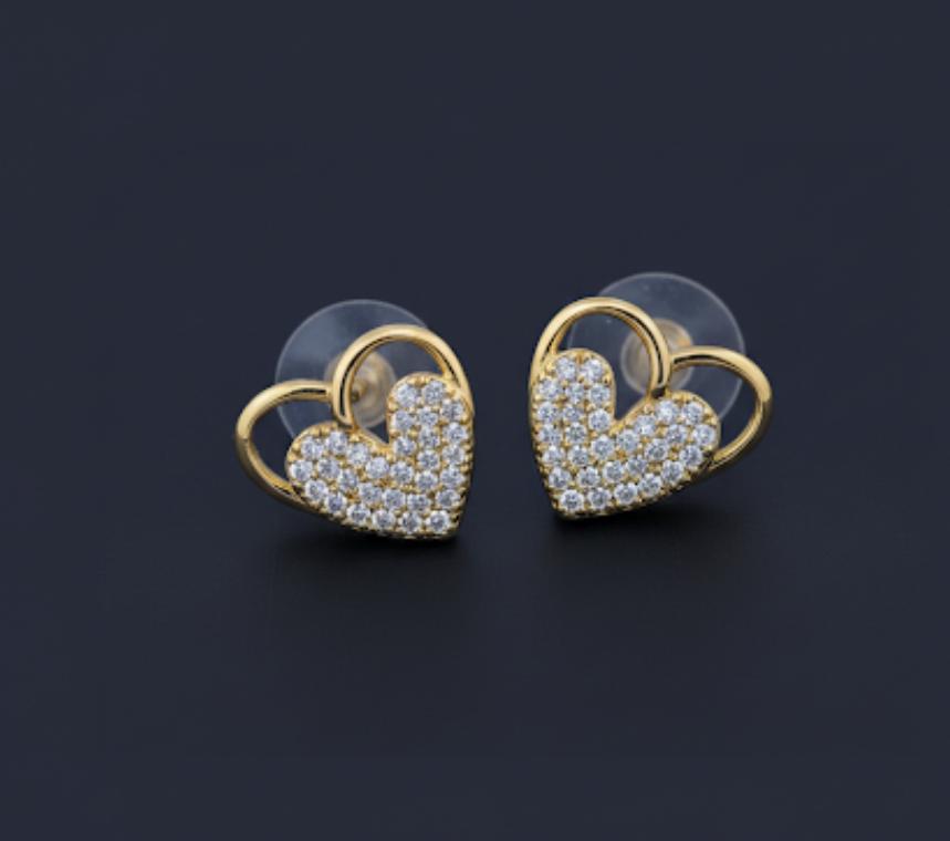 18 Karat Gold Plated Heart-Shaped Stud Earrings with Crystal Stones