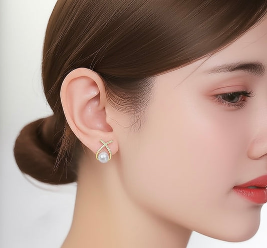 18K Gold Plated American Diamond Studded Cross Shape Korean Stud Earrings