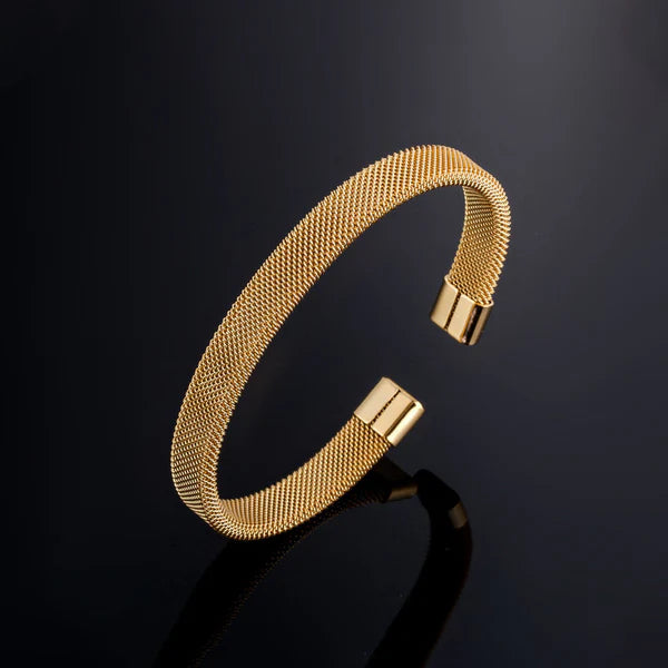 Gold Plated Stainless Steel Anti Tarnish Mesh Statement Cuff Bracelet