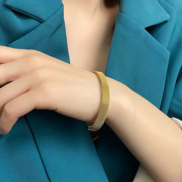 Gold Plated Stainless Steel Anti Tarnish Mesh Statement Cuff Bracelet