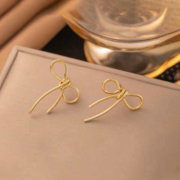 Gold Plated Stainless Steel Anti Tarnish Bow Themed Drop Earrings