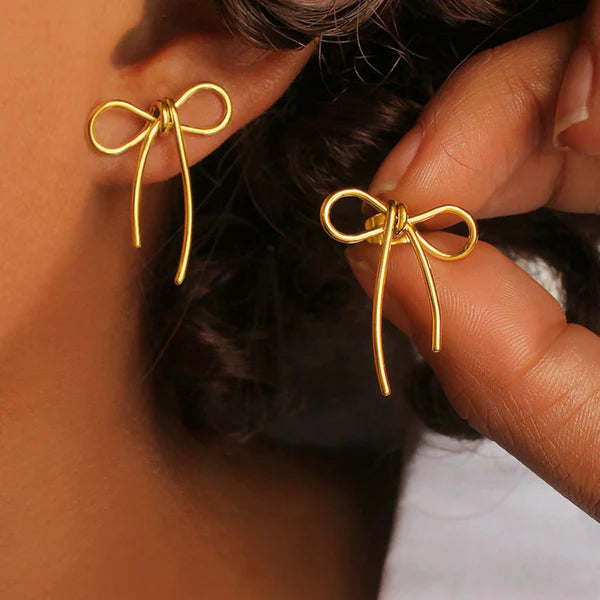 Gold Plated Stainless Steel Anti Tarnish Bow Themed Drop Earrings