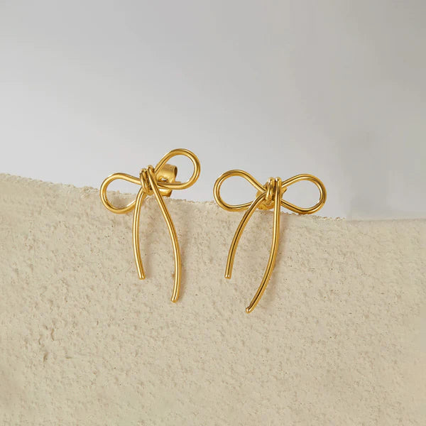 Gold Plated Stainless Steel Anti Tarnish Bow Themed Drop Earrings