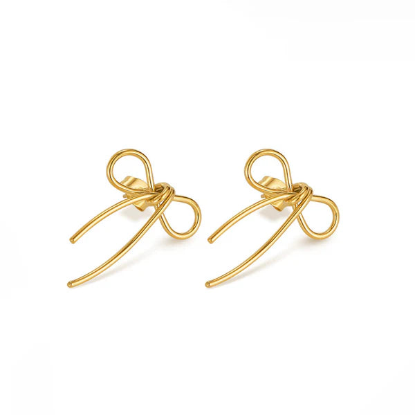 Gold Plated Stainless Steel Anti Tarnish Bow Themed Drop Earrings