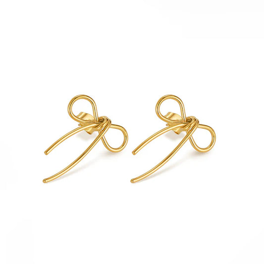 Gold Plated Stainless Steel Anti Tarnish Bow Themed Drop Earrings
