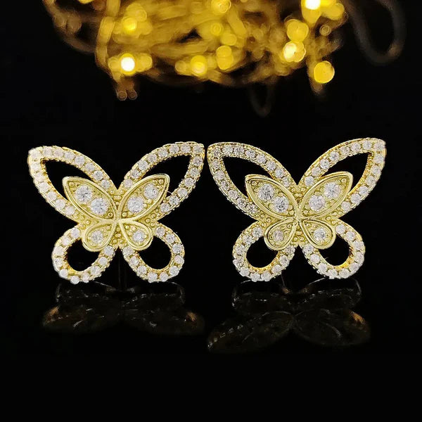 Gold Plated American Diamond Studded Dual Butterfly Shaped Korean Stud Earrings