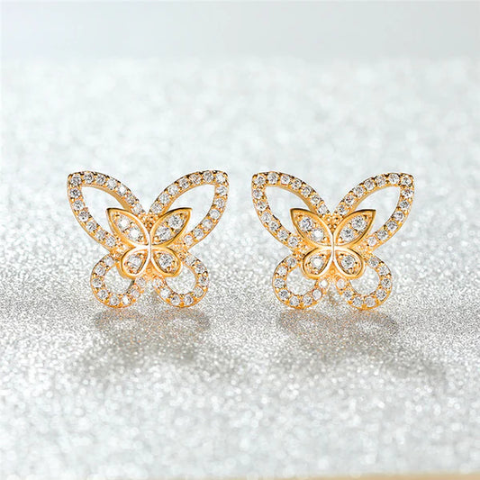 Gold Plated American Diamond Studded Dual Butterfly Shaped Korean Stud Earrings
