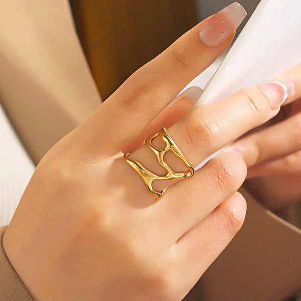 Golden Fluid Wave Adjustable Ring