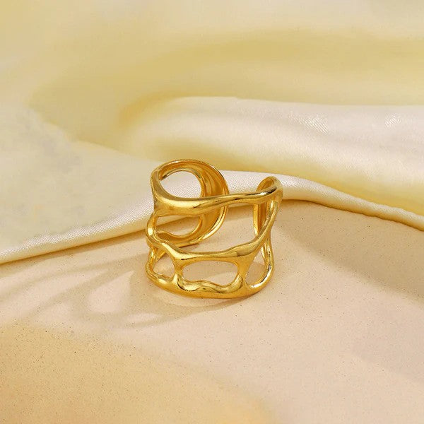 Golden Fluid Wave Adjustable Ring