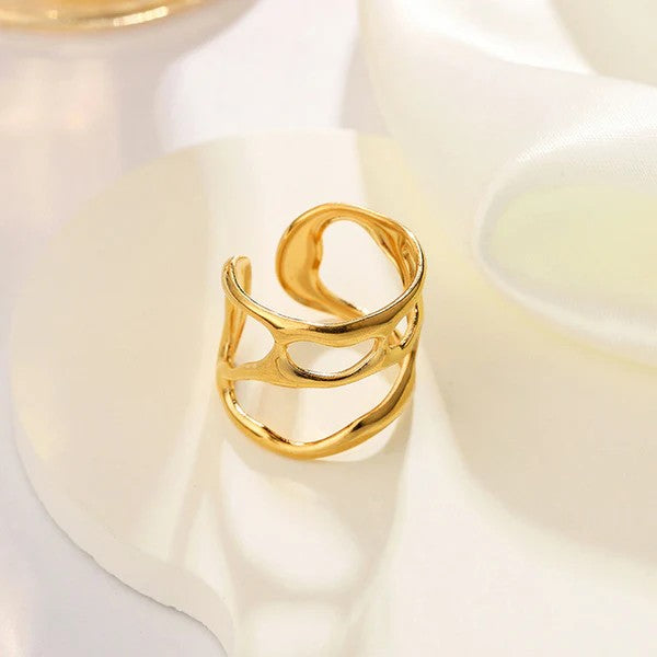 Golden Fluid Wave Adjustable Ring