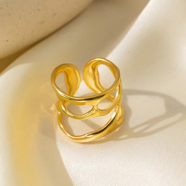 Golden Fluid Wave Adjustable Ring