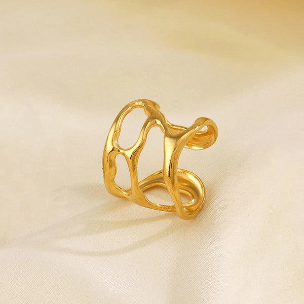 Golden Fluid Wave Adjustable Ring