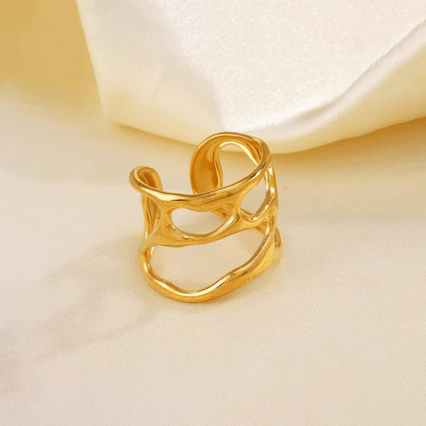 Golden Fluid Wave Adjustable Ring