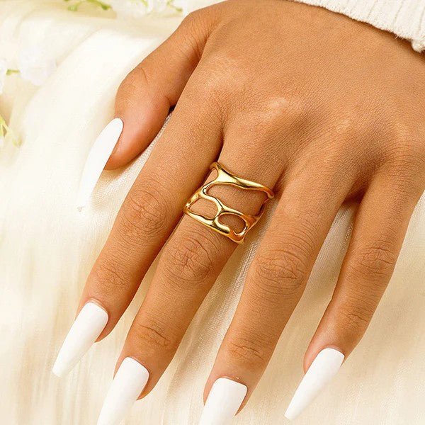 Golden Fluid Wave Adjustable Ring