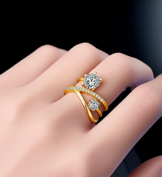 18K Gold Plated American Diamond Studded Contemporary Korean Finger Ring