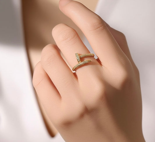 18K Gold Plated Anti Tarnish Stainless Steel Nail Shaped AD Studded Adjustable Finger Ring