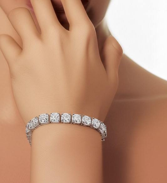 Silver Plated Round Cut Cubic Zirconia White Matrix Anti Tarnish Tennis Bracelet