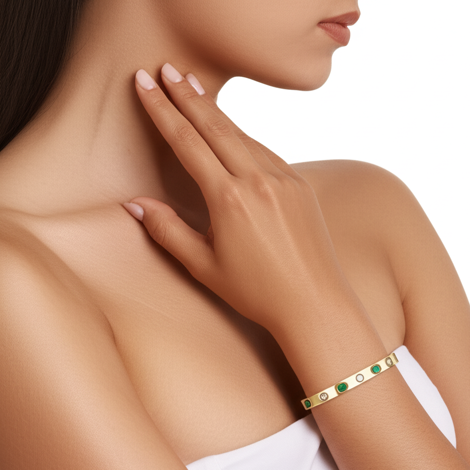 "Emerald Gleam" 18K Gold-Plated Crystal Bangle Bracelet