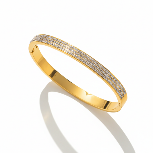 Stainless Steel Gold Plated Triple Lines American Diamond Contemporary Anti-Tarnish Bracelet For Women