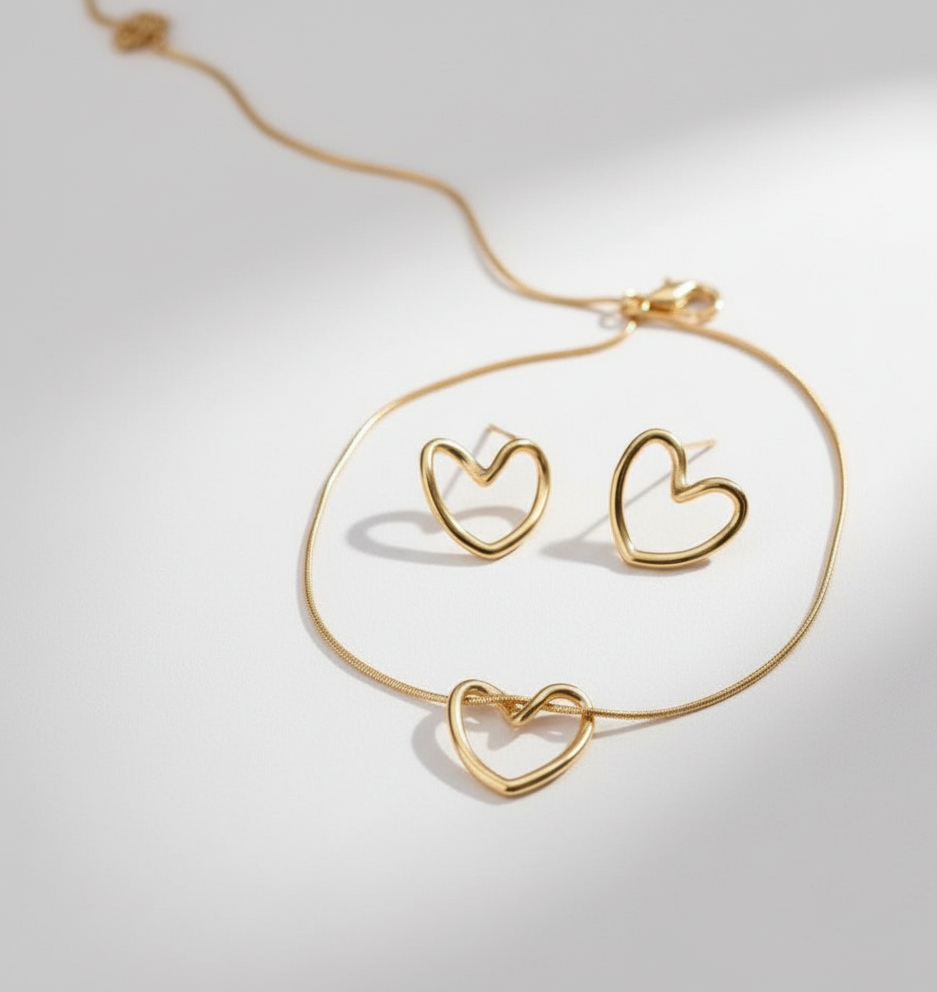 (COMBO) Minimalist Open Heart Necklace + Earring Set