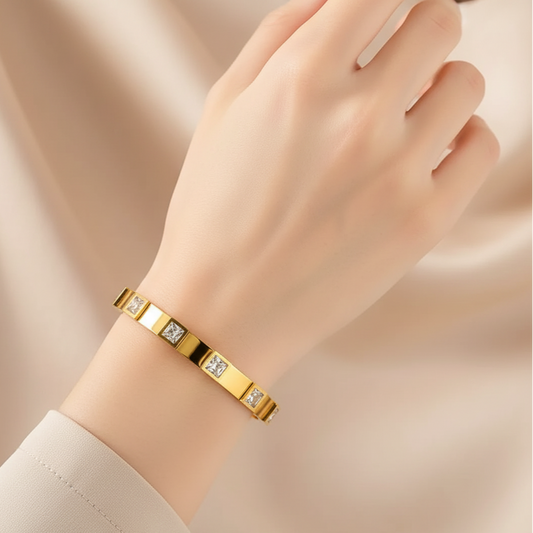 Stainless Steel Gold-Plated White Square American Diamond studded Bangle-Style Anti-Tarnish Bracelet For Women