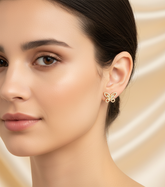 Gold Plated American Diamond Studded Dual Butterfly Shaped Korean Stud Earrings