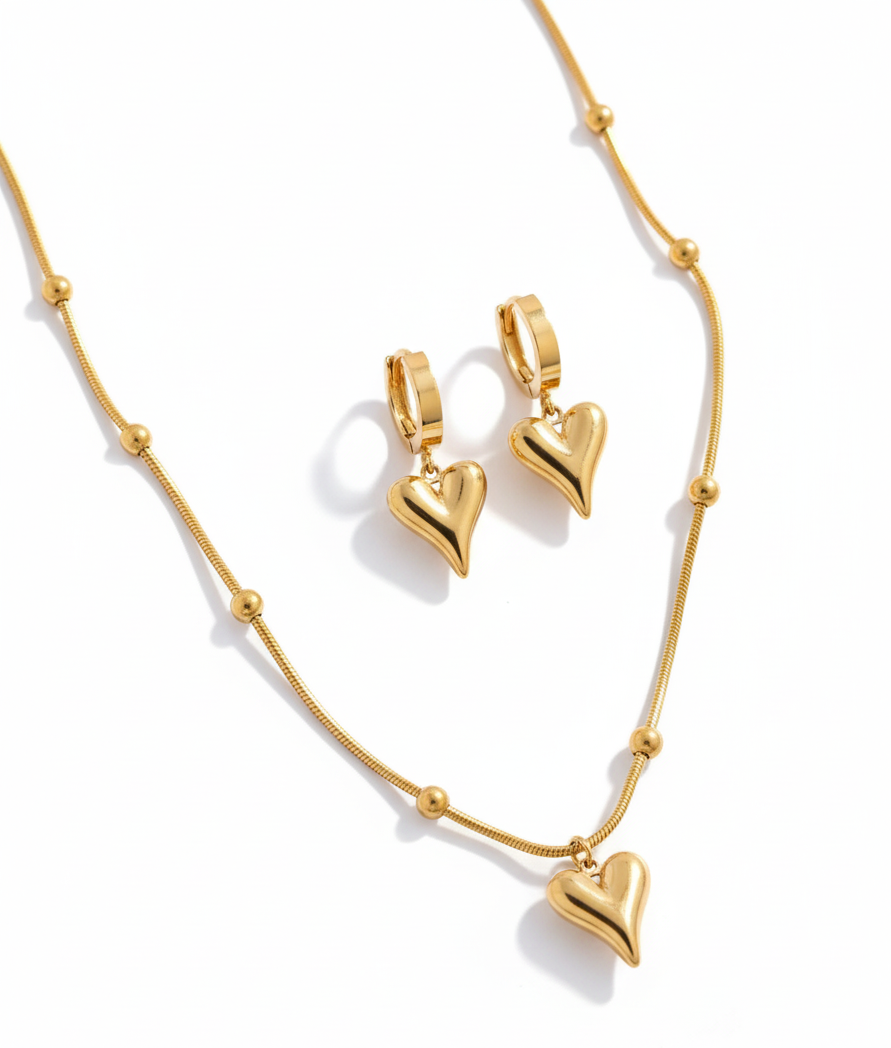 (COMBO) Puffy Heart Necklace + Hoop Earrings Set