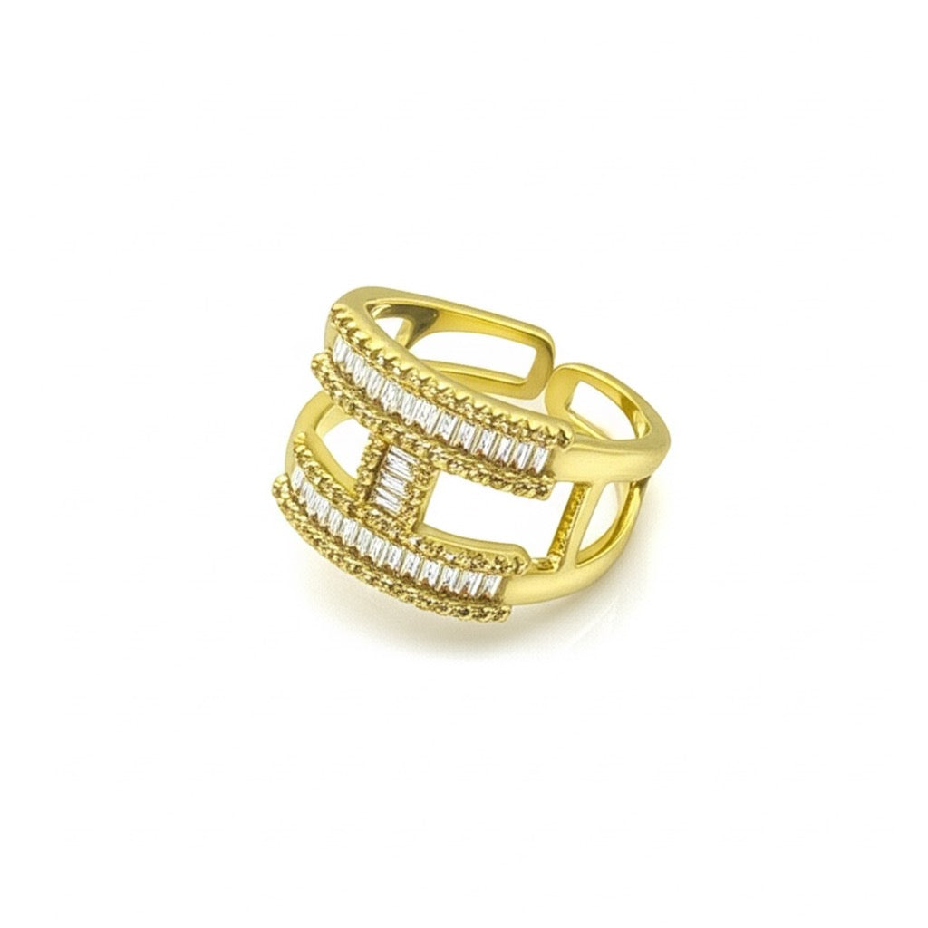 18k Gold Plated Designer Baguette Statement Ring – Adjustable