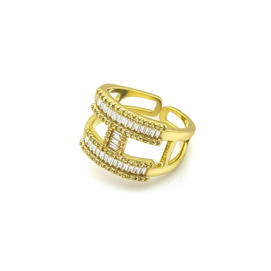 18k Gold Plated Designer Baguette Statement Ring – Adjustable