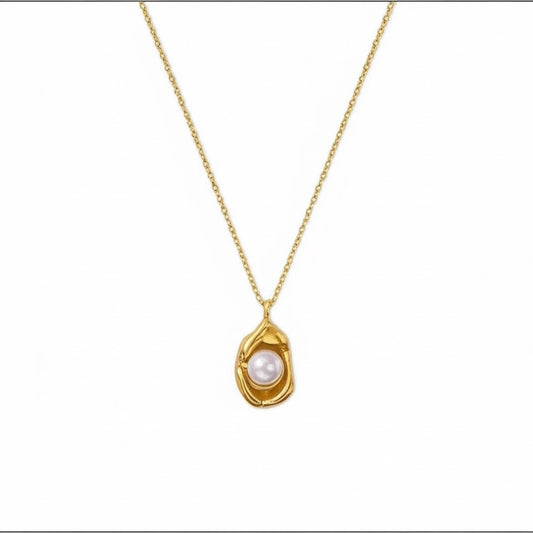 18K "Luna Nest" Gold Plated Stainless Steel Anti Tarnish Pearl Studded Contemporary Pendant Necklace