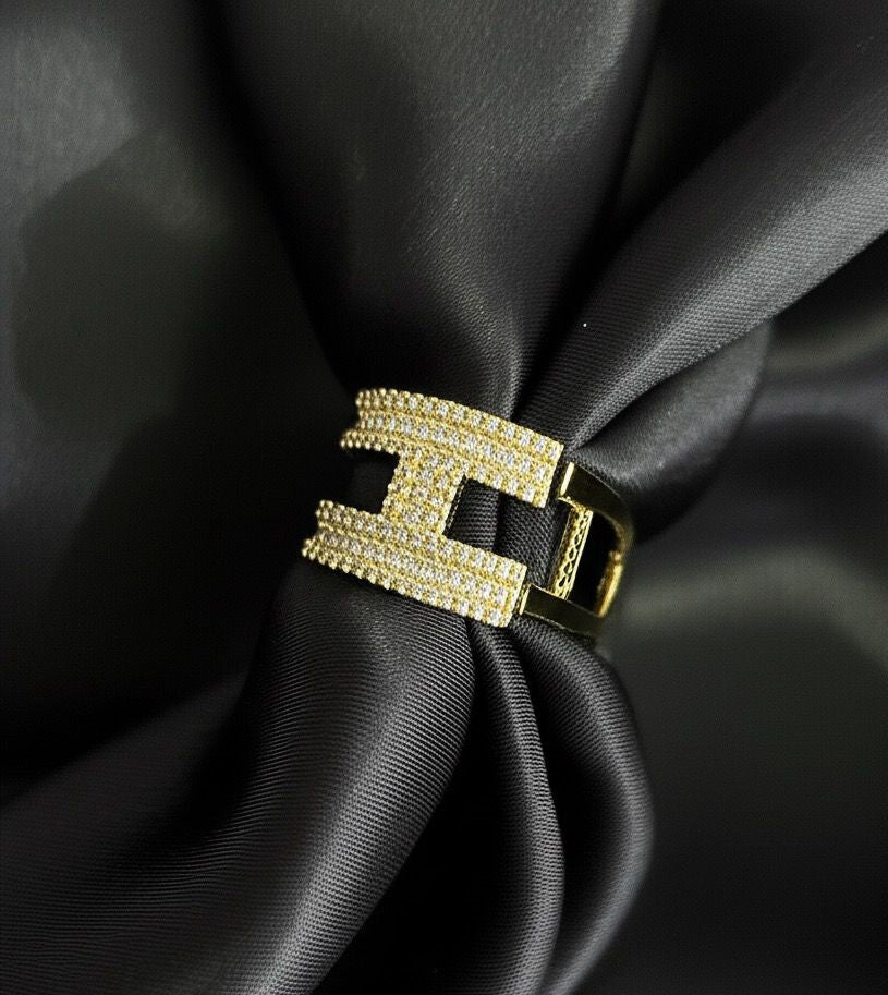 18k Gold Plated Designer Baguette Statement Ring – Adjustable