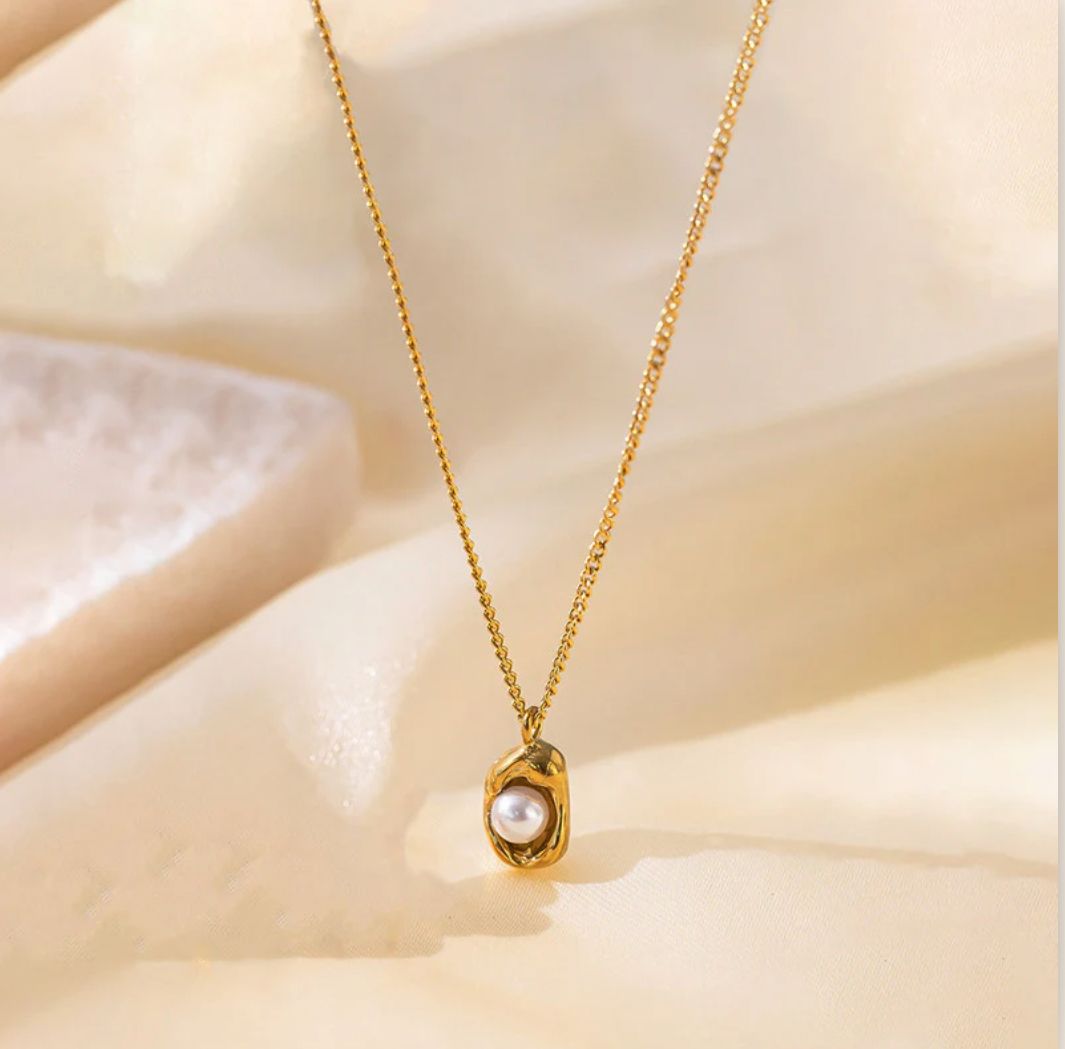 18K "Luna Nest" Gold Plated Stainless Steel Anti Tarnish Pearl Studded Contemporary Pendant Necklace
