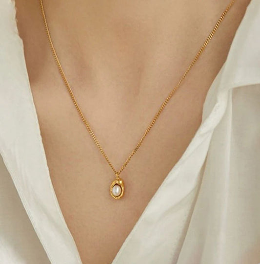 18K "Luna Nest" Gold Plated Stainless Steel Anti Tarnish Pearl Studded Contemporary Pendant Necklace
