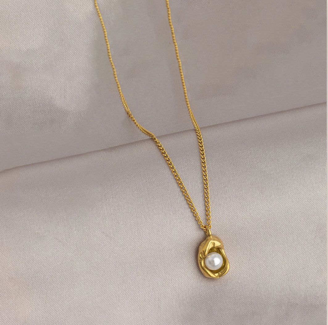 18K "Luna Nest" Gold Plated Stainless Steel Anti Tarnish Pearl Studded Contemporary Pendant Necklace
