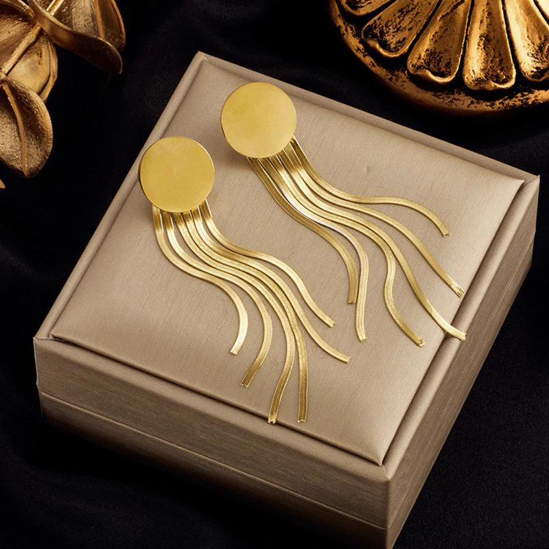 "Golden Cascade" 18K Gold Plated Stainless Steel Anti Tarnish Geometric Statement Tassel Earrings For Women