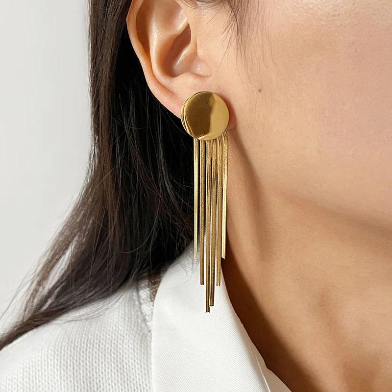 "Golden Cascade" 18K Gold Plated Stainless Steel Anti Tarnish Geometric Statement Tassel Earrings For Women