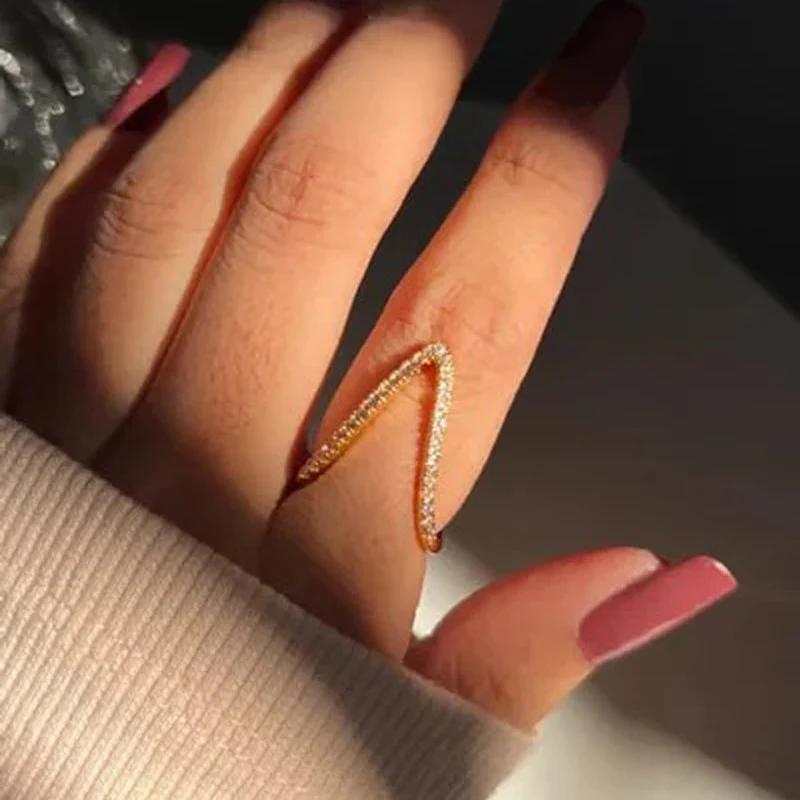 18K Gold-Plated Anti Tarnish V Shaped CZ Studded Adjustable Finger Ring