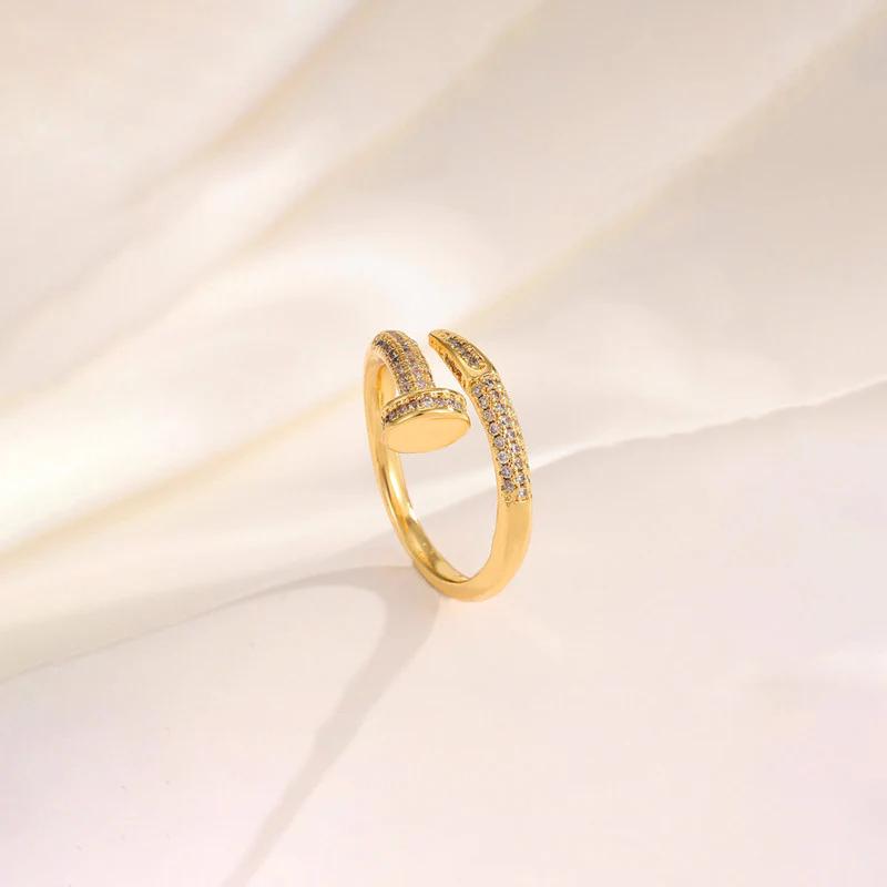 18K Gold Plated Anti Tarnish Stainless Steel Nail Shaped AD Studded Adjustable Finger Ring