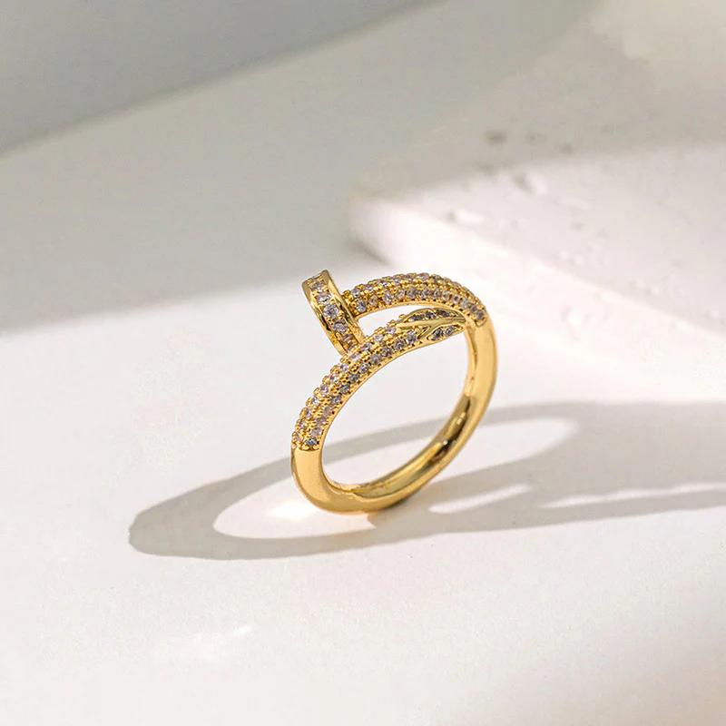 18K Gold Plated Anti Tarnish Stainless Steel Nail Shaped AD Studded Adjustable Finger Ring