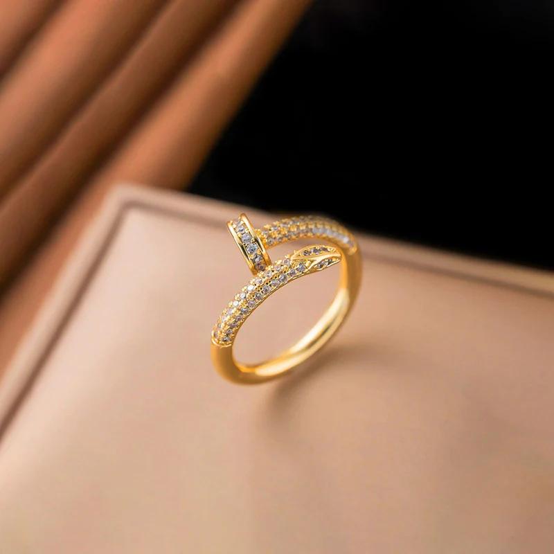 18K Gold Plated Anti Tarnish Stainless Steel Nail Shaped AD Studded Adjustable Finger Ring