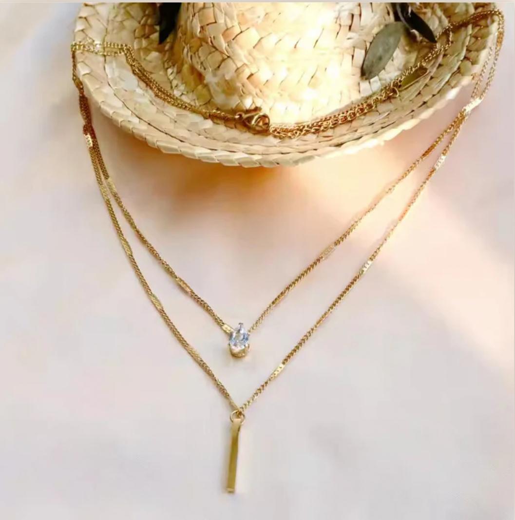 Gold Plated Stainless Steel Anti Tarnish Tear Drop CZ Dual Strand Pendant Necklace
